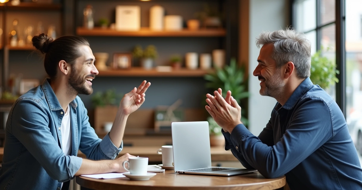 Vendedor e cliente sentados em mesa de café, conversando de forma descontraída 