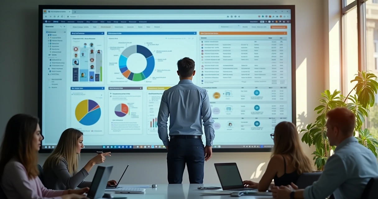 Profissional de vendas analisando tela com dados avançados de clientes 