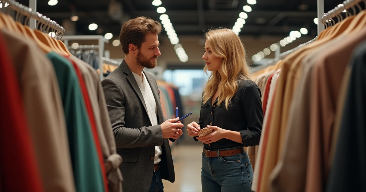 Vendedor atento ouvindo cliente em loja de roupas 