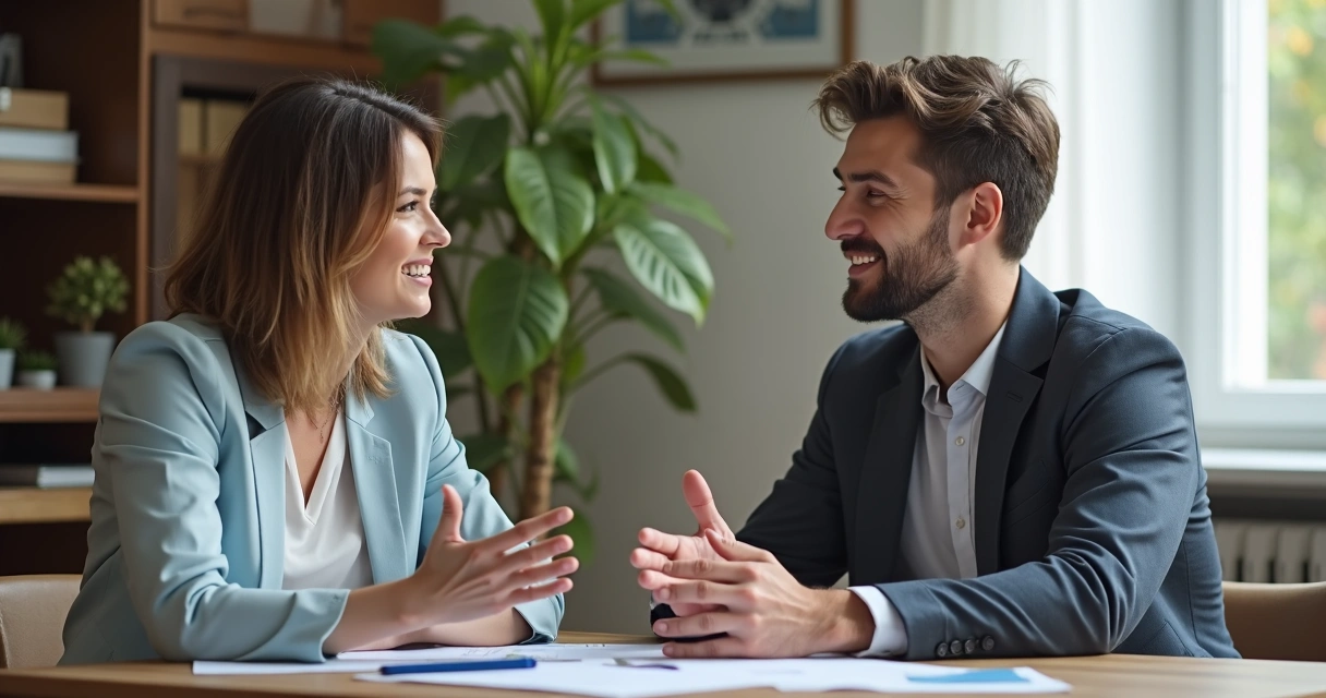 Vendedor escutando atentamente cliente durante reunião informal