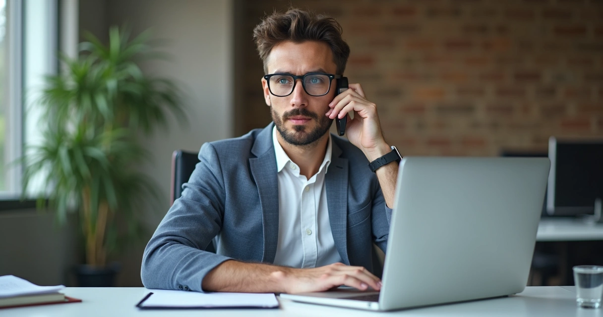 Vendedor atentamente ouvindo cliente pelo telefone, escritório, foco no diálogo 