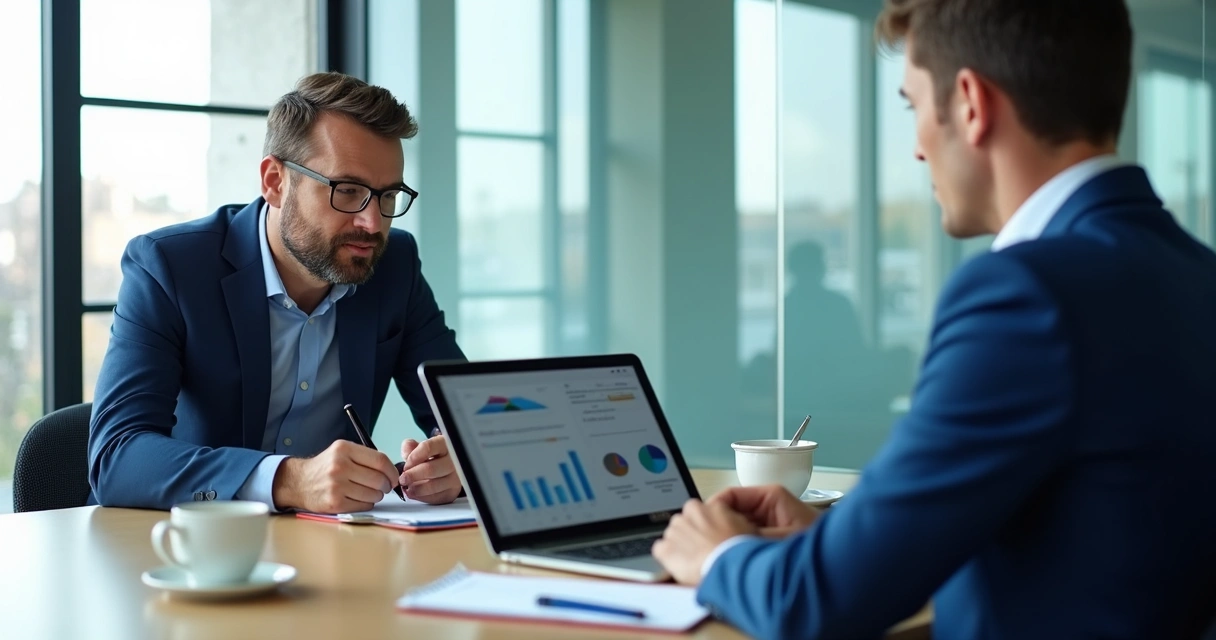 Vendedor experiente apresenta insights para cliente. 