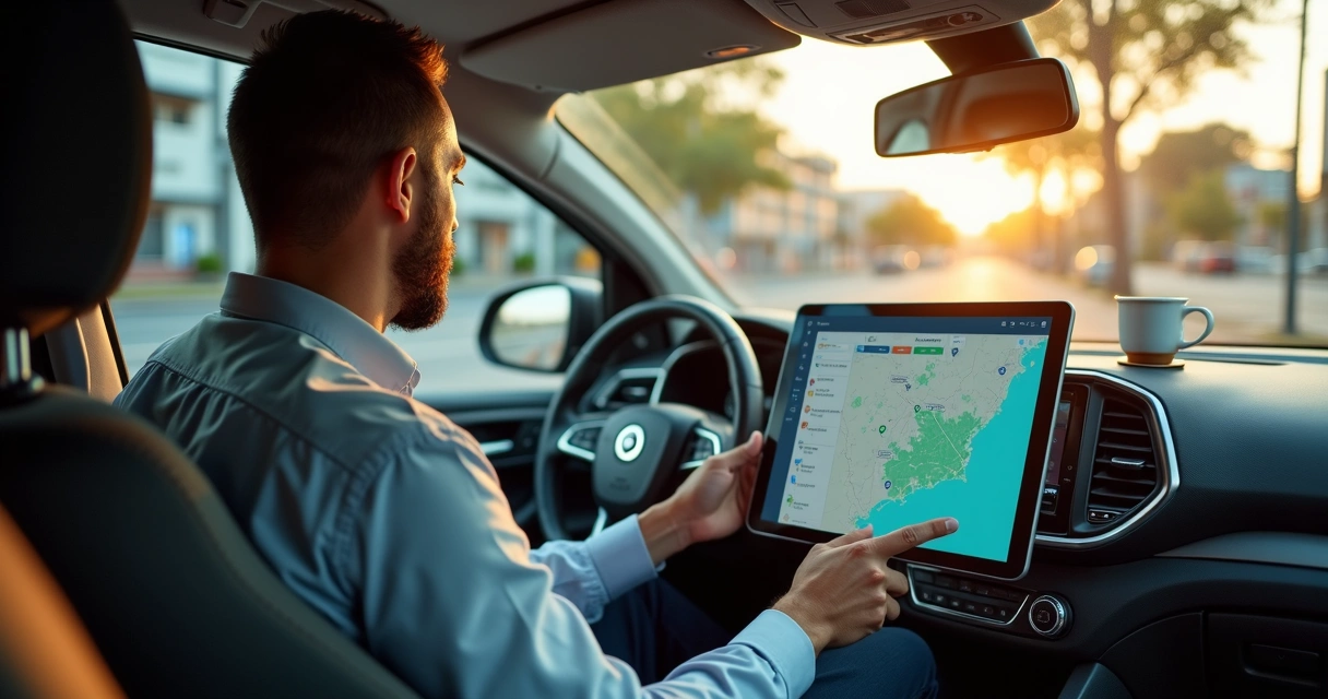 External salesperson in a car using CRM on a tablet before visiting a client