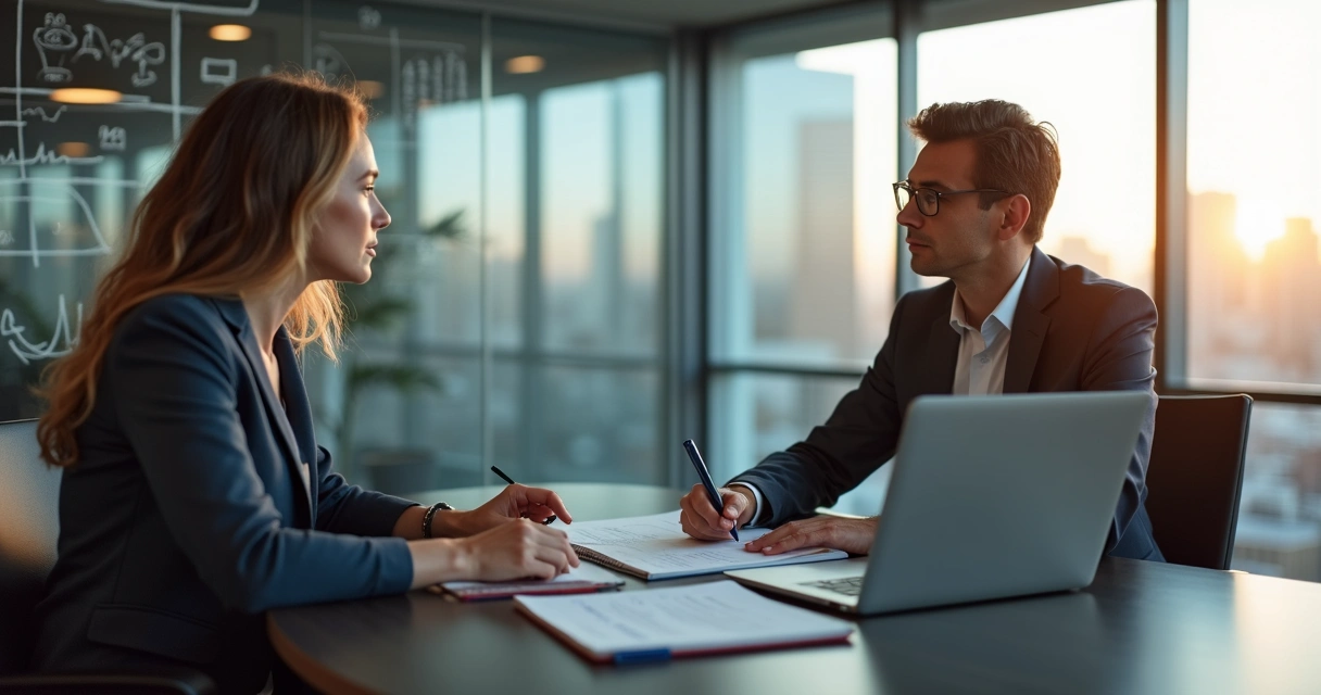 Vendedor conversando com empresária em escritório moderno 