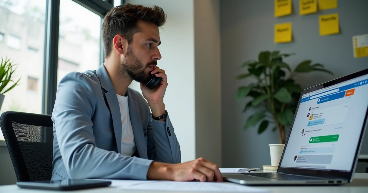 Vendedor usando telefone, notebook e LinkedIn para prospecção 