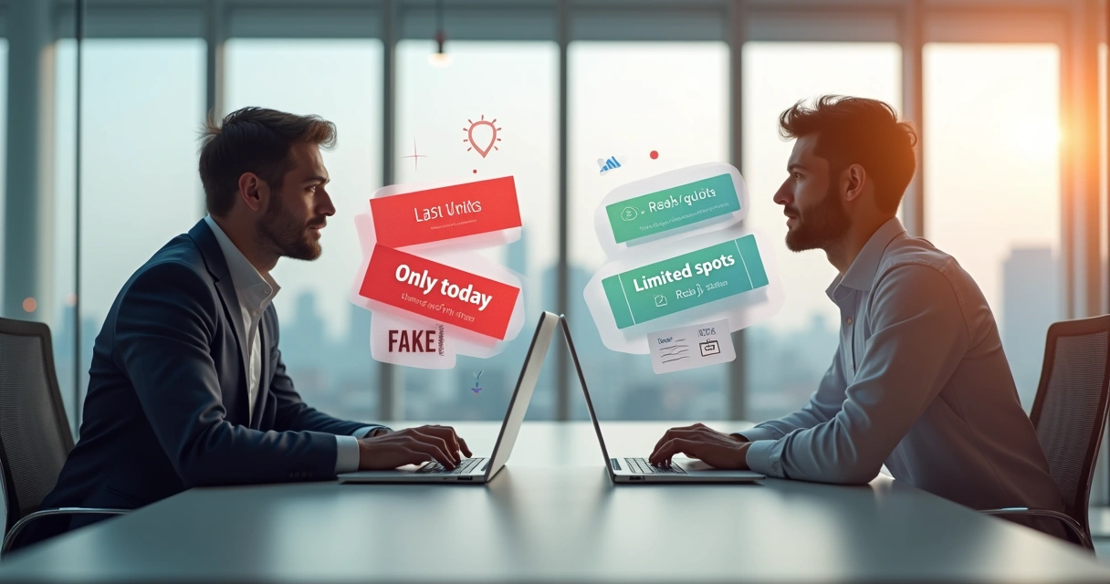 Vendedor falando com cliente entre placas de desconto falso e relógio de contagem regressiva 