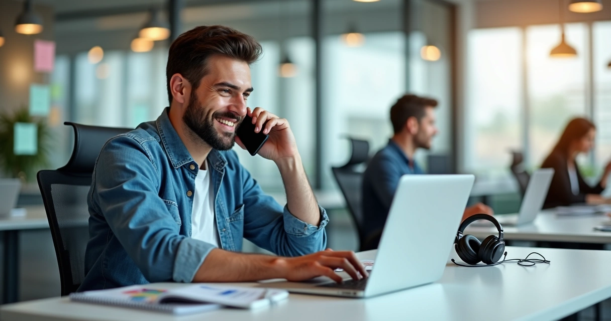 Profissional de vendas ao telefone fazendo cold call em escritório moderno com notebook aberto 