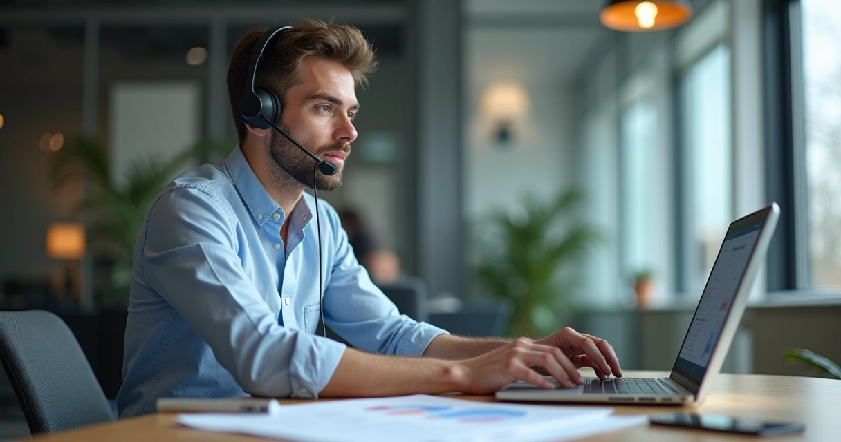 Pessoa fazendo ligação de vendas sentado à mesa com notebook aberto, anotações ao lado e headset 