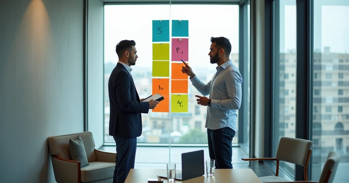 Vendedor de PME conduz conversa estratégica com cliente em pé diante de quadro com perguntas 