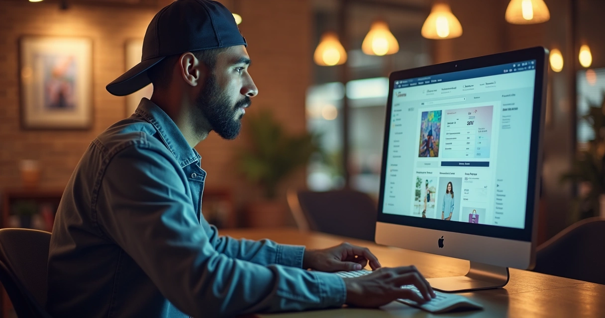 Vendedor aplicando promoção em site no computador