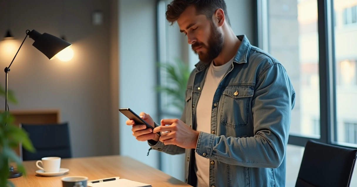 Vendedor conferindo lista de clientes no celular ao fazer retornos 