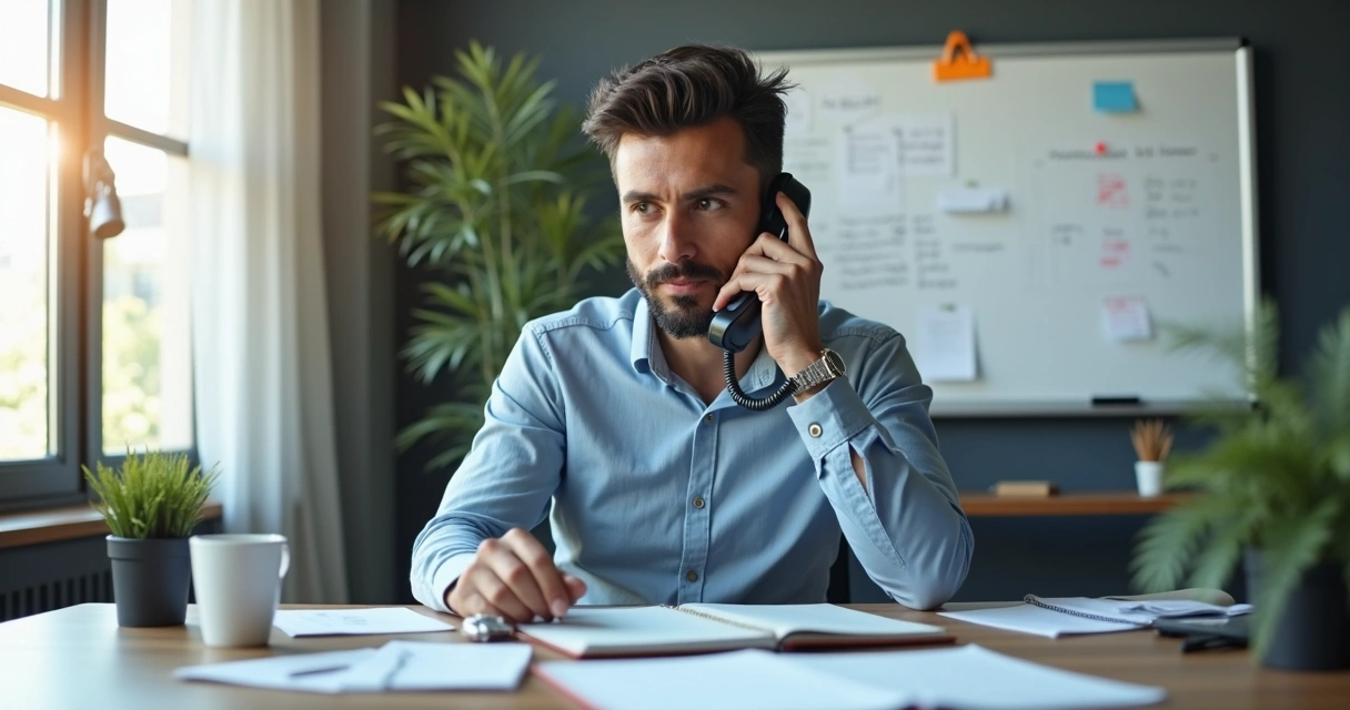 Vendedor fazendo ligação de retorno usando telefone de mesa em escritório moderno 