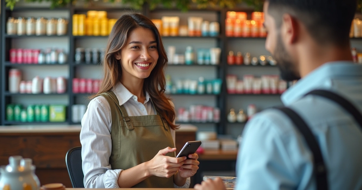 Vendedor de loja olhando alegre para tela do celular com CRM aberto 