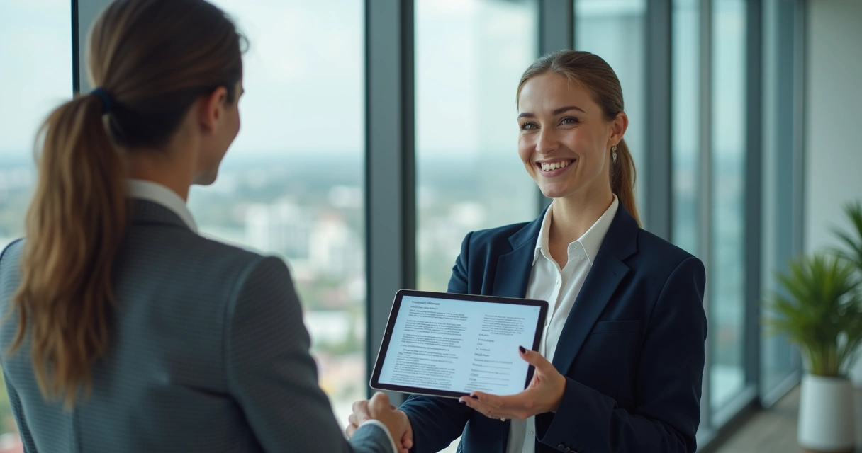 Vendedor sorridente fechando negócio auxiliado por IA em tablet 