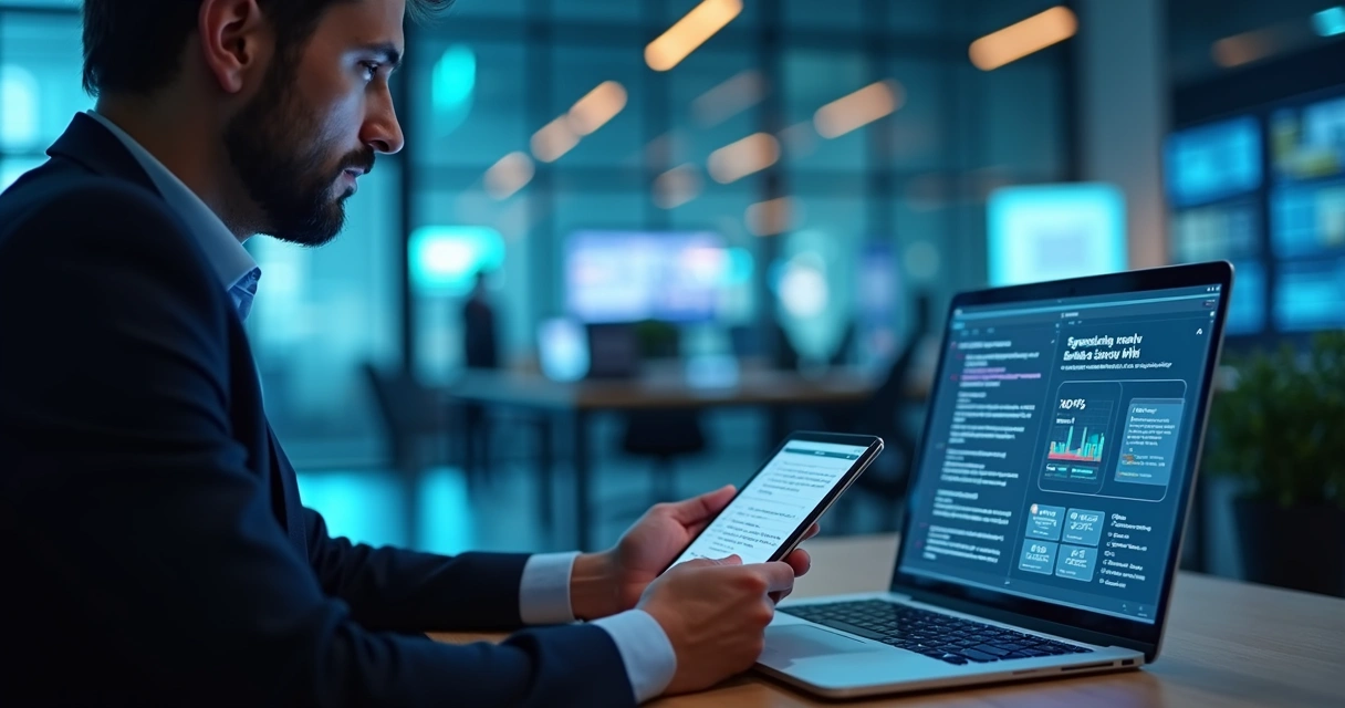 Vendedor multilíngue utilizando tablet e notebook com vários apps abertos 