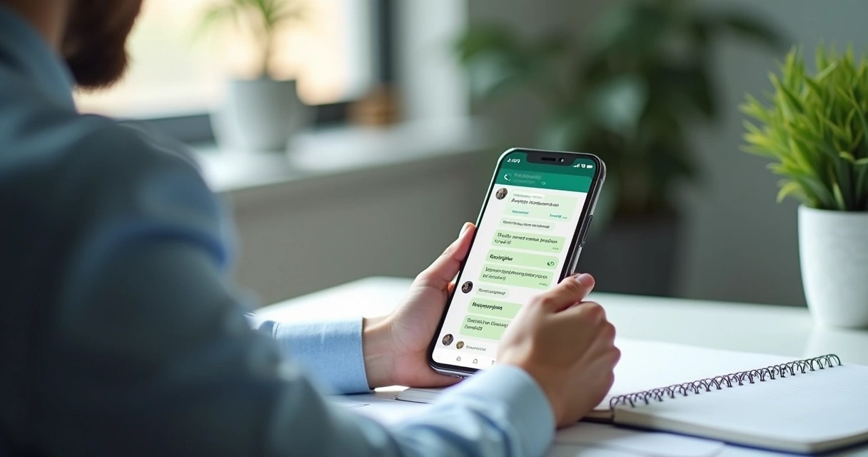 Vendedor revisando follow-ups no celular em ambiente de trabalho 