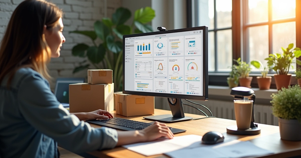 Vendedor gerenciando múltiplos marketplaces no computador 