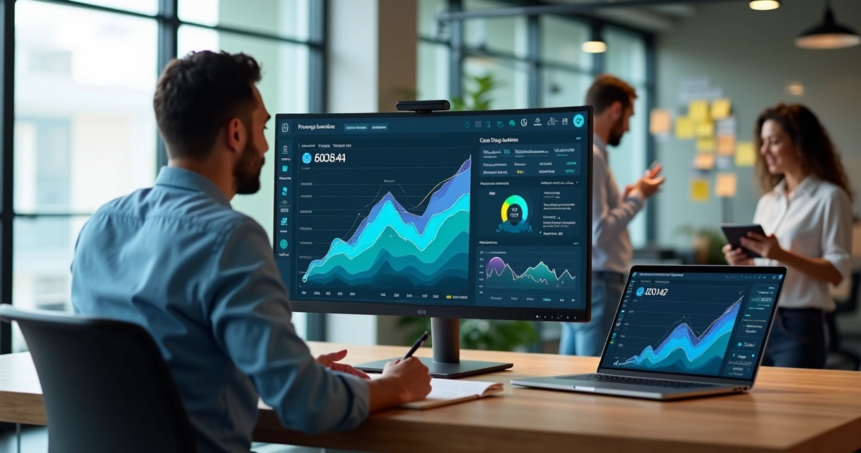 Vendedor analisa painel com inteligência artificial para aumentar vendas 