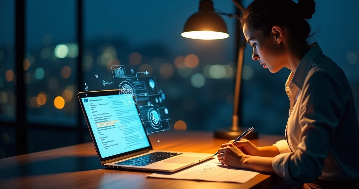 Vendedor de PME usando laptop com ícones de IA para revisar proposta impressa 