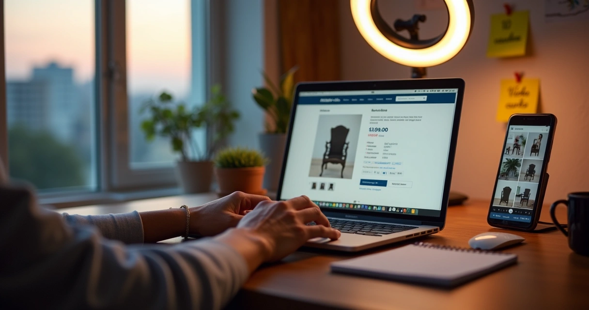 Vendedor iniciando anúncios no computador 