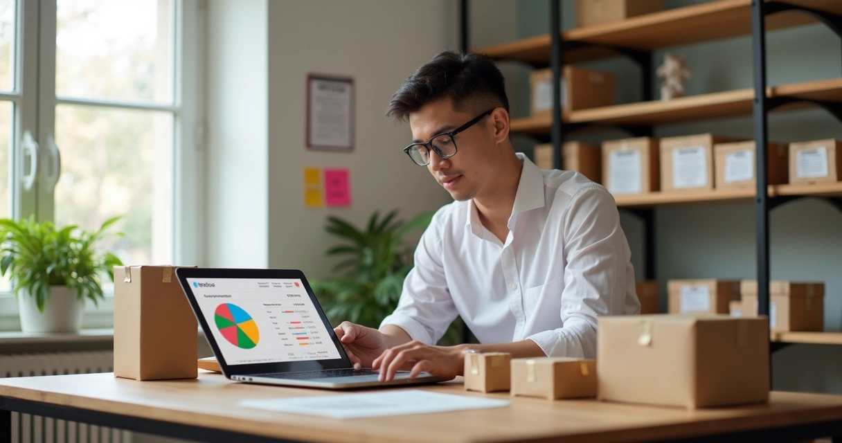 Vendedor iniciante organizando caixas com produtos e computador aberto em mesa 