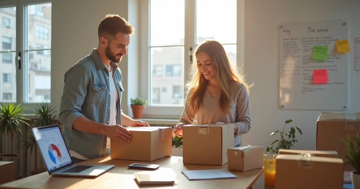 Vendedor iniciante organizando caixas para envio em loja online 