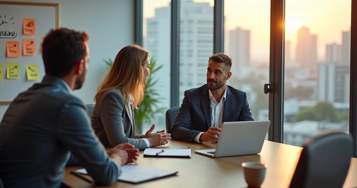 Vendedor em reunião de vendas mantendo postura calma e confiante com cliente 