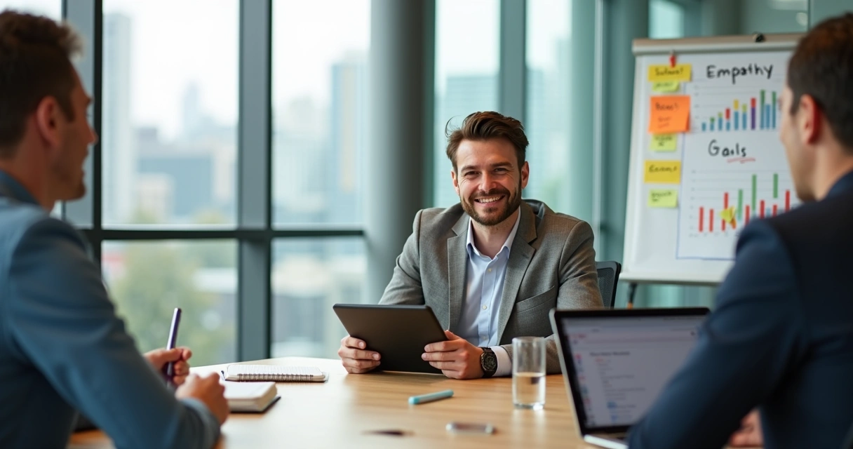 Vendedor sorridente em reunião de vendas fazendo anotação em tablet 
