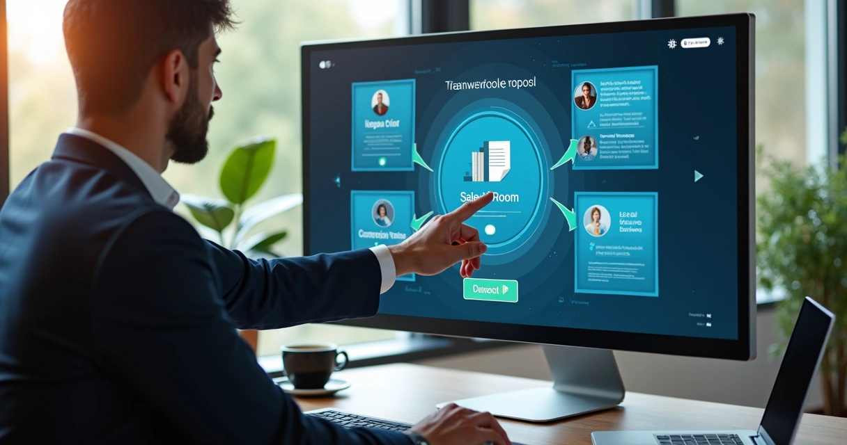 Vendedor interage com tela de sala digital conectada ao CRM, visualizando informações e aceites em tempo real. 