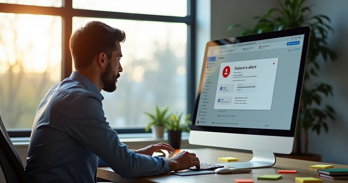 Vendedor observando lembrete de negócio parado em CRM em um escritório moderno. 