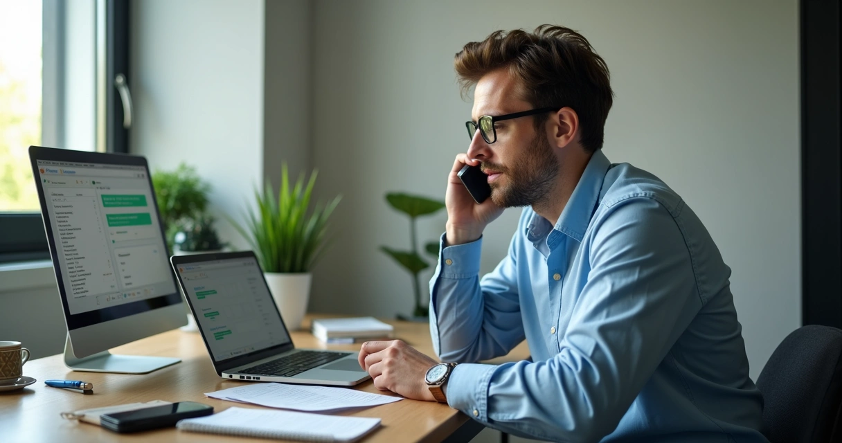 Vendedor fazendo ligação em mesa de escritório com anotações e celular 