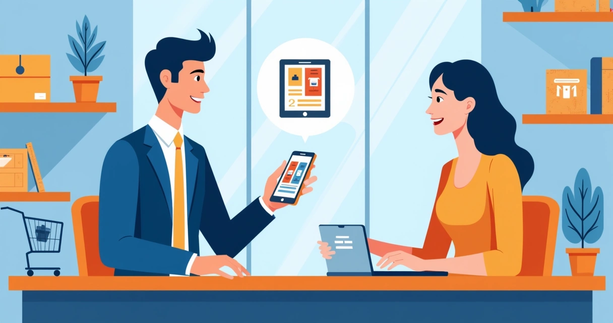 Vendedor compartilhando catálogo digital com cliente atacadista