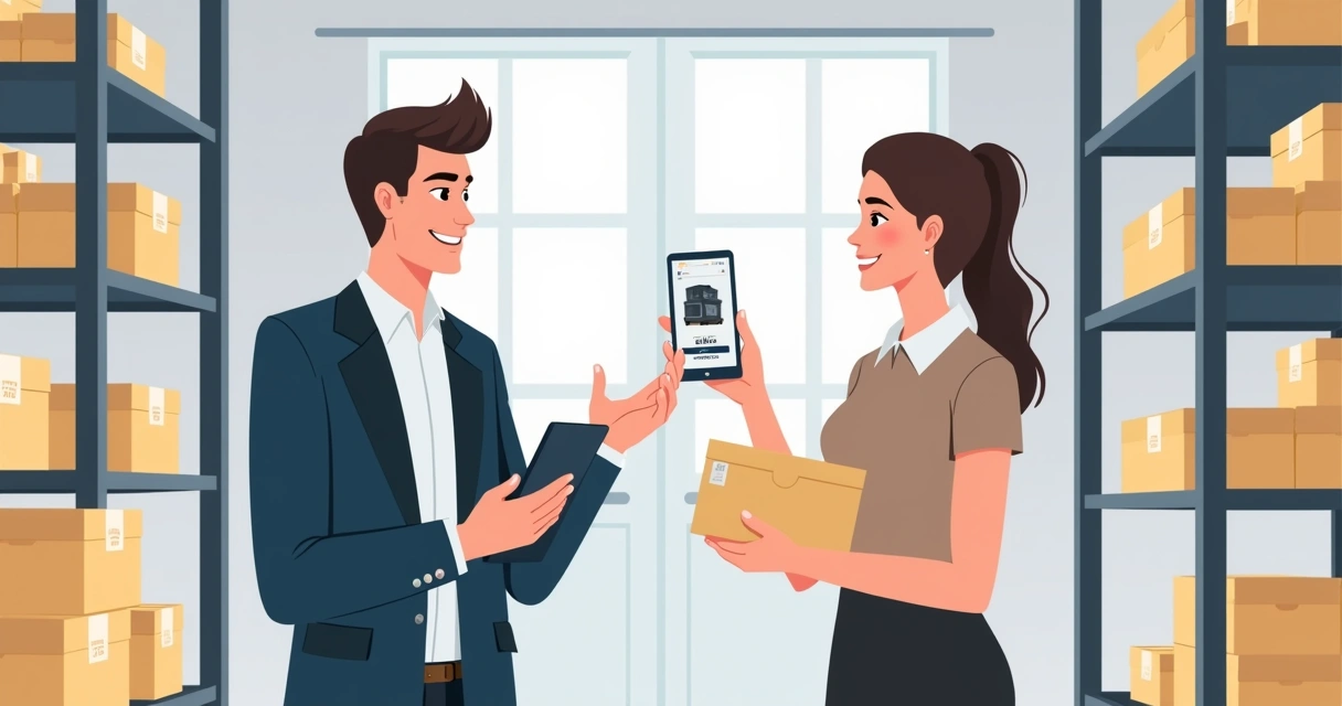 Vendedor mostrando catálogo digital em celular para cliente em ambiente comercial