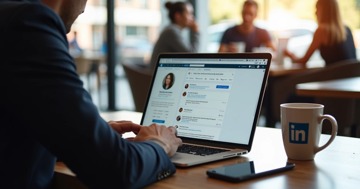Pessoa analisando LinkedIn em cafeteria 