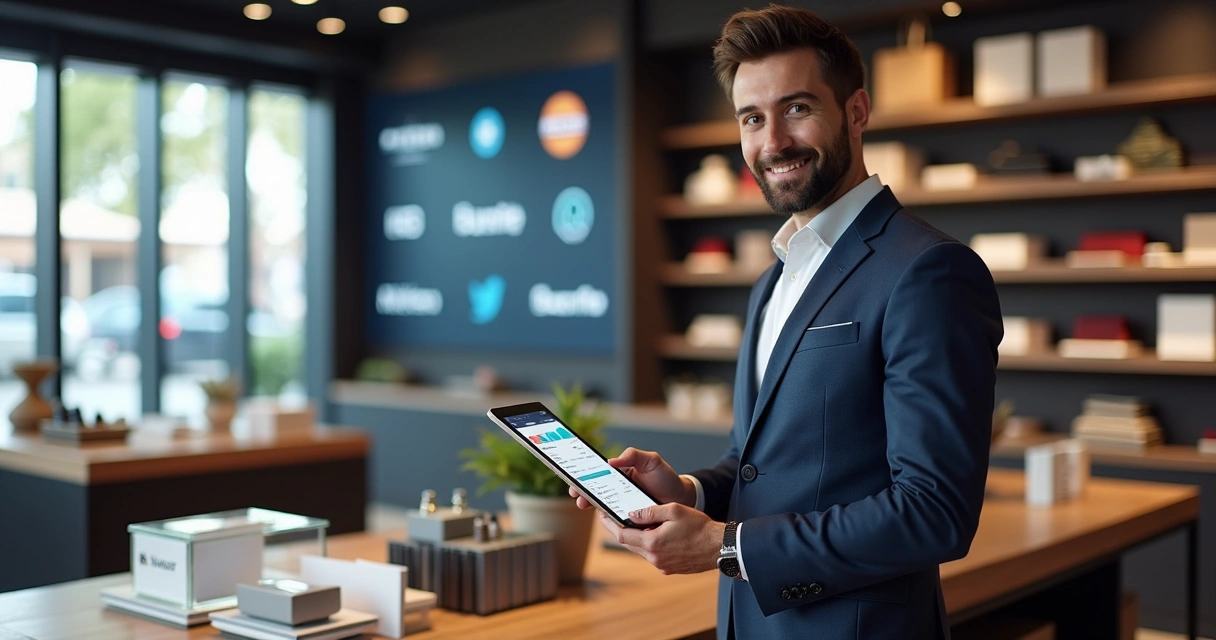 Vendedor em loja física usando tablet para gerenciar vendas em marketplaces integrados 