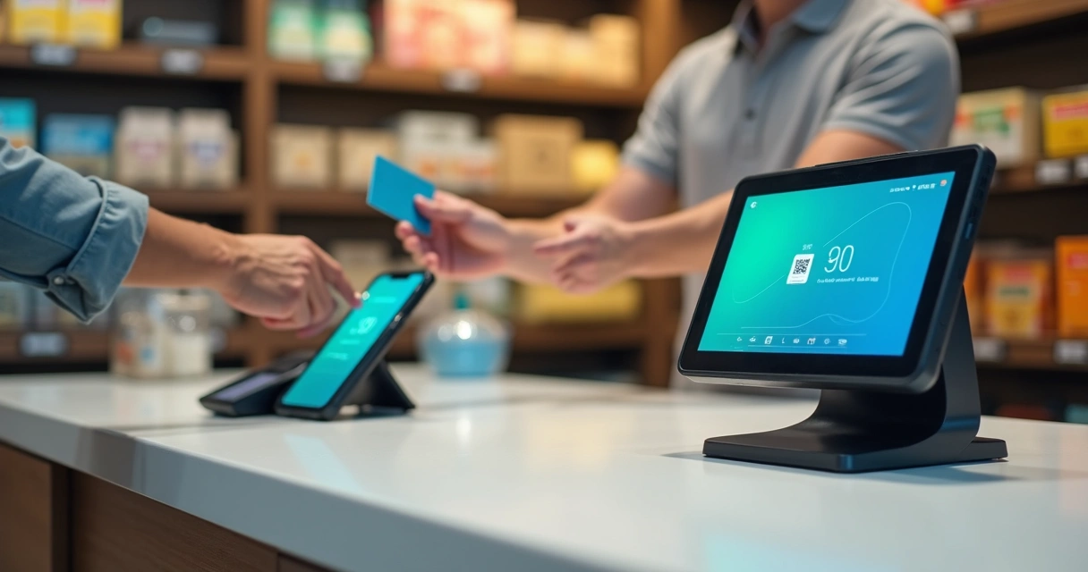 Vendedor em balcão de loja usando sistema de pagamento com cartão, Pix e QR code visíveis 