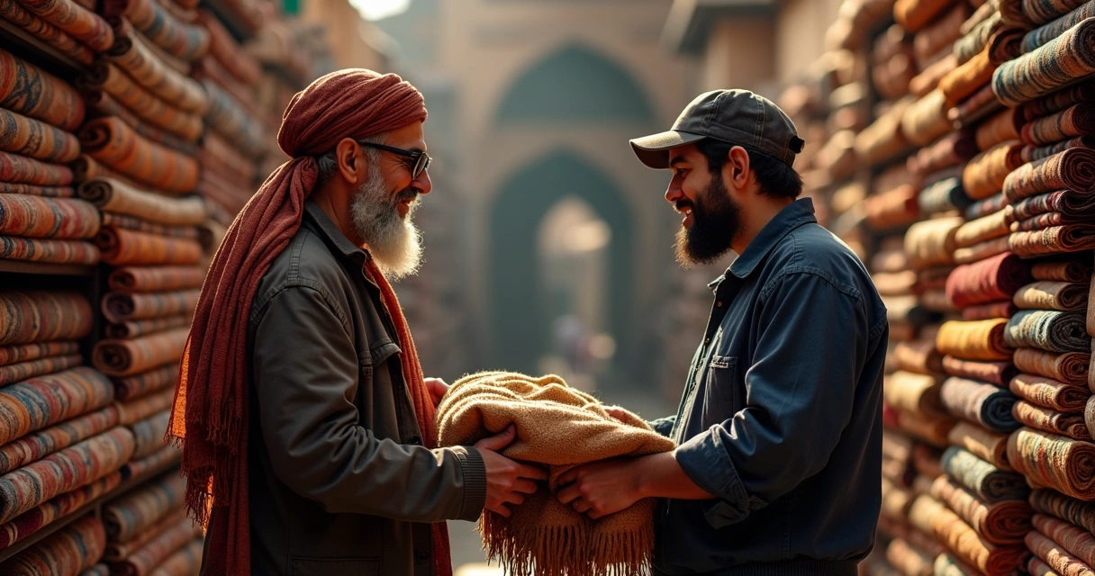 Vendedor mostrando tecidos coloridos 