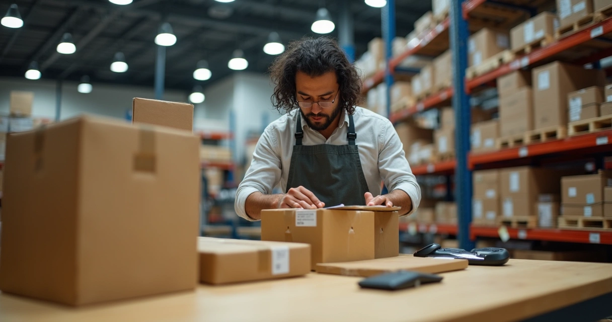 Vendedor em marketplace embalando pedidos para envio no centro de distribuição.