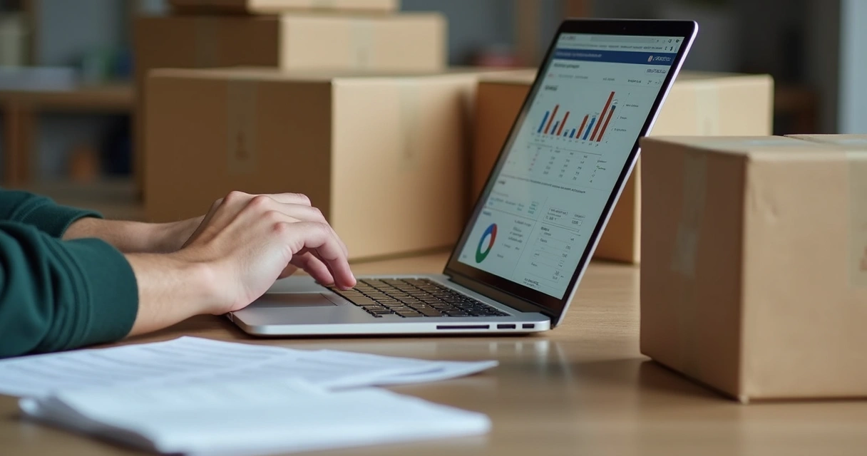 Pessoa conferindo relatórios contábeis em notebook ao lado de caixas de produtos 