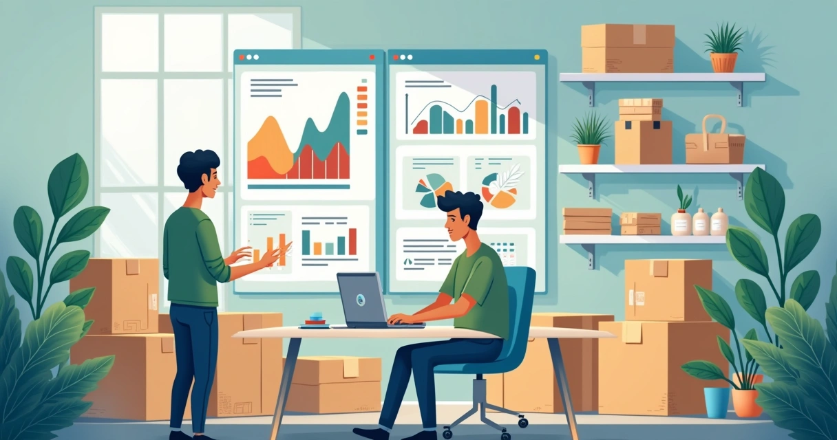 Vendedor trabalhando em laptop em home office com pacotes de produtos e gráficos de vendas ao fundo 