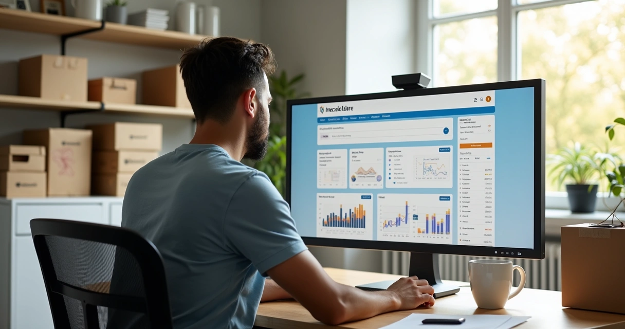 Pessoa usando computador para gerenciar loja no Mercado Livre 