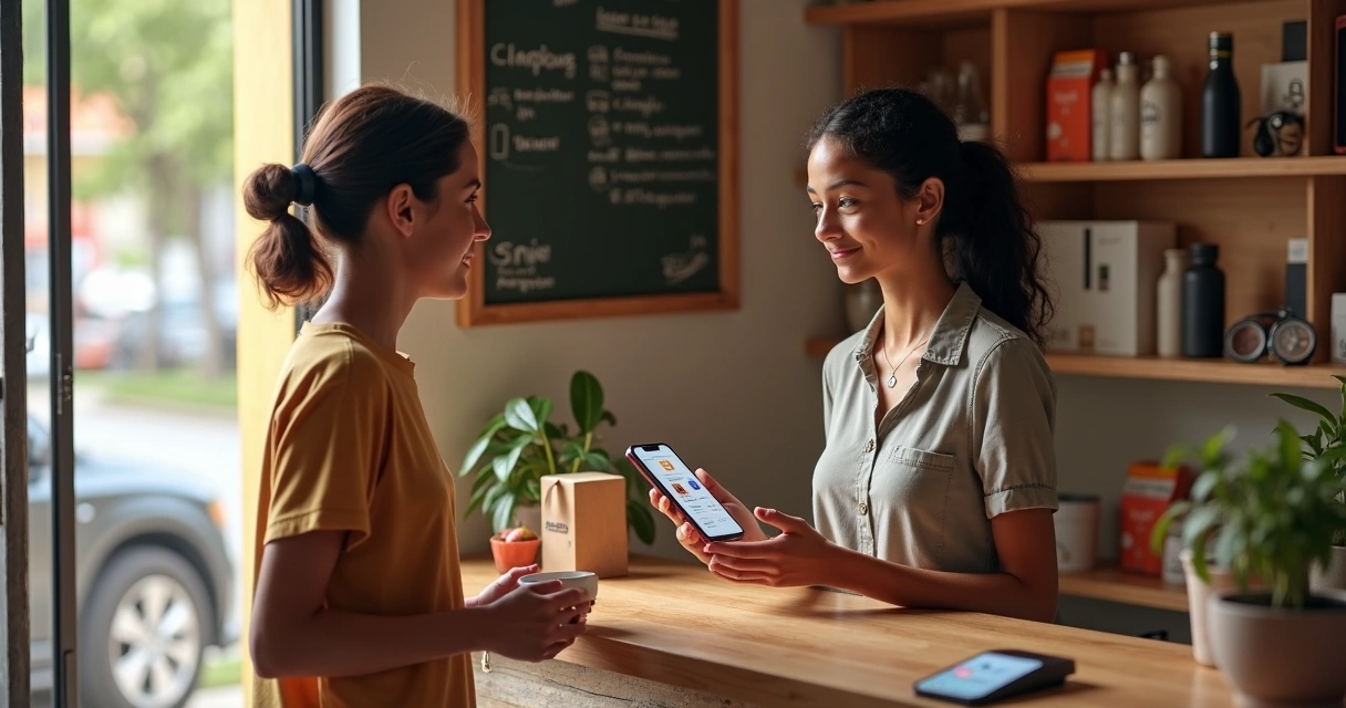 Vendedor mostrando produtos complementares em smartphone para cliente em pequena loja 
