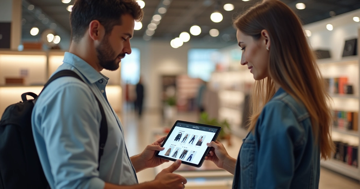 Vendedor apresentando catálogo digital em tablet para cliente na loja 