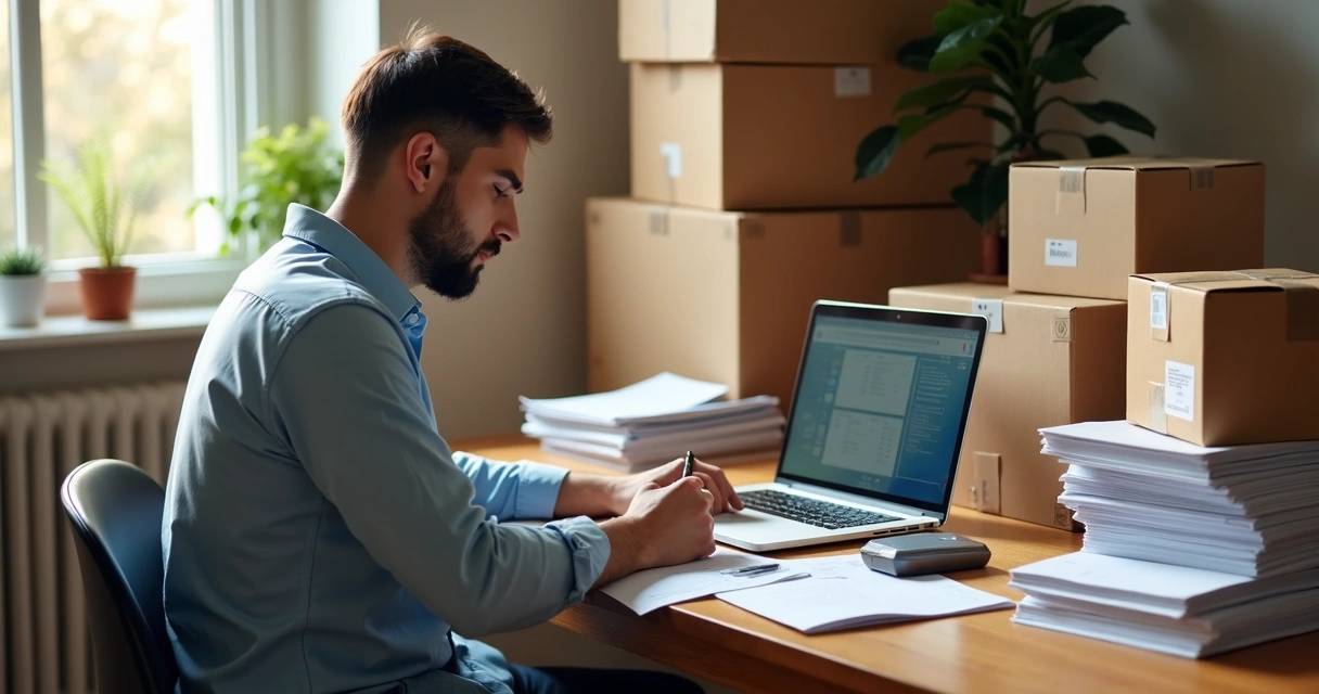 Homem digitando no notebook em meio a caixas de produtos e papéis fiscais 