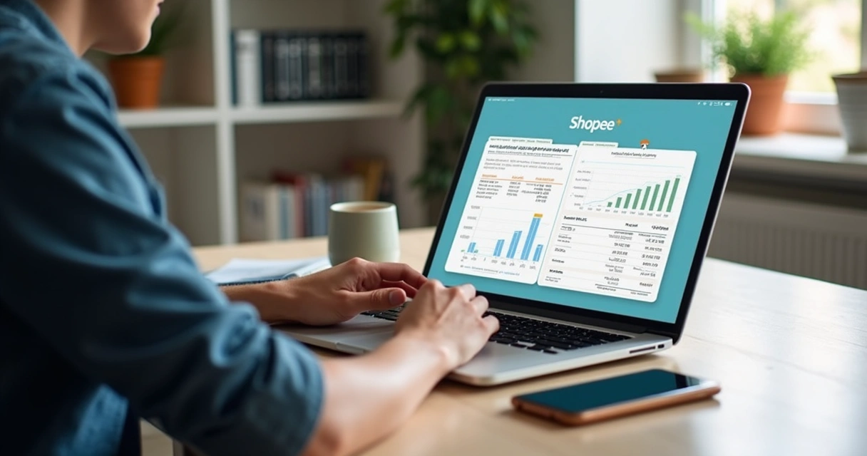 Pessoa vendendo produtos na Shopee usando laptop com gráficos de contabilidade na tela 