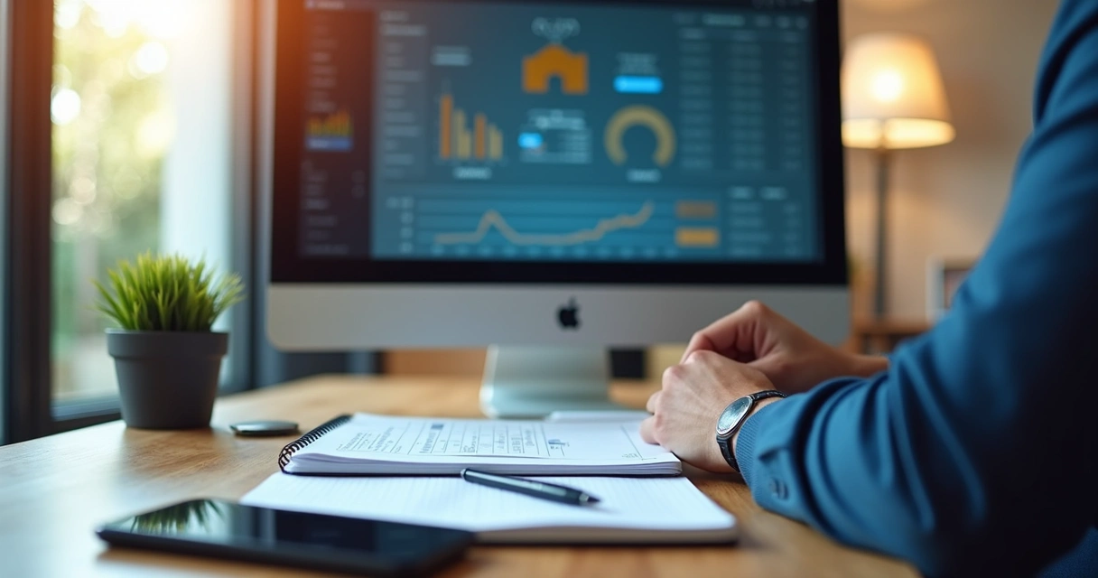 Vendedor consultando CRM e agenda em mesa organizada com propostas