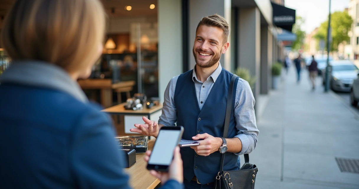 Vendedor usando PDV móvel em atendimento externo