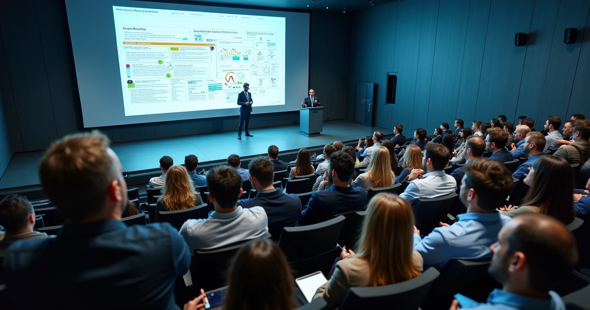 Vendedor em palco apresentando pitch de vendas para plateia confusa 