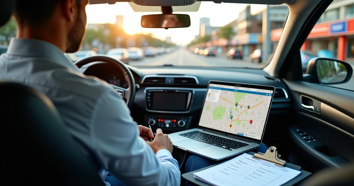 Vendedor externo organizando roteiro de visitas comerciais no carro antes de sair para atender clientes 