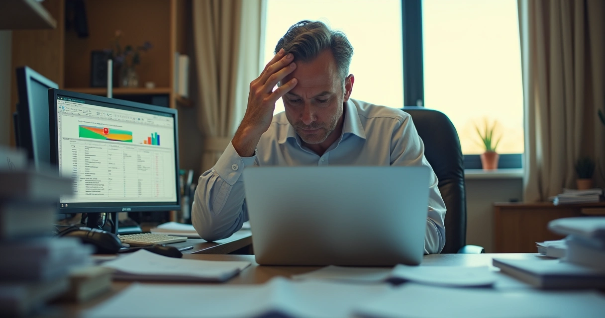 Homem olhando planilha preocupado na mesa de escritório 